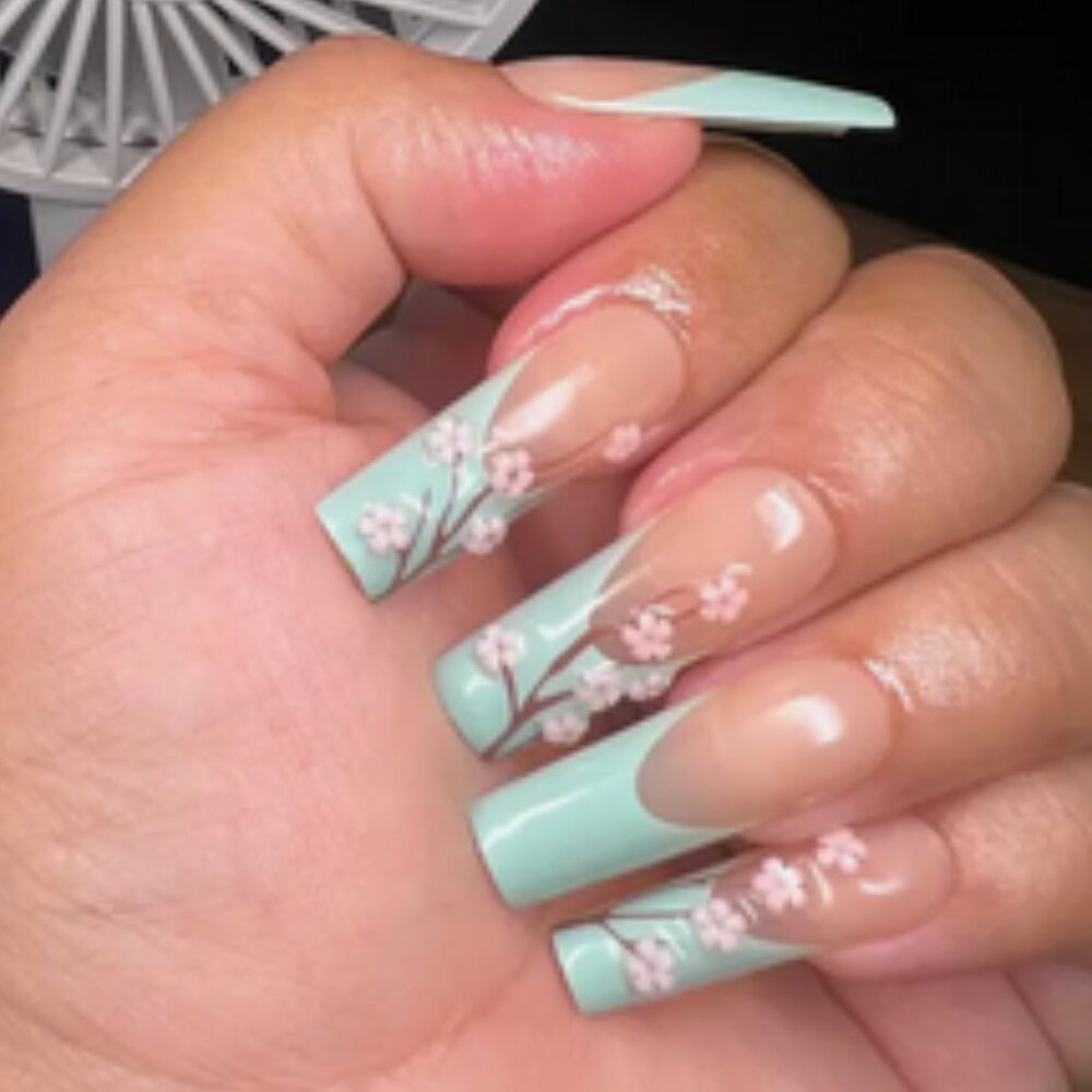 24 Pcs Long Square Cherry Blossom Floral 3D Green French Tip Press On Nails NIB - Picture 6 of 11